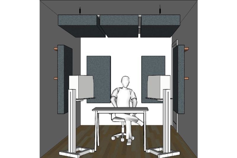 Illustrasjon av øvingsrom med lydabsorberende paneler og arbeidsplass
